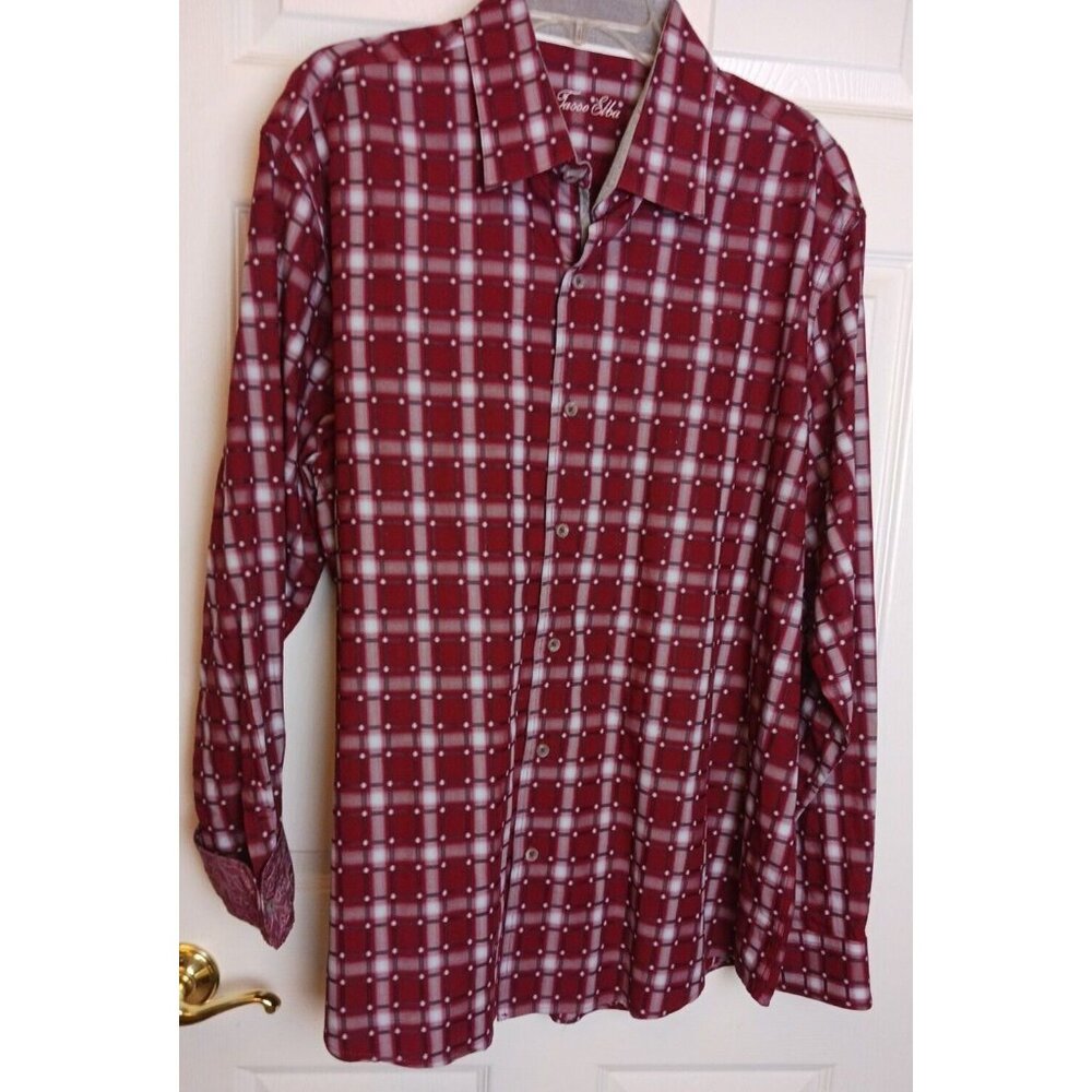 Tasso Elba Shirt Men Sz XXL 18-18.5 Maroon Plaid Flip Cuff Button LS #H-30